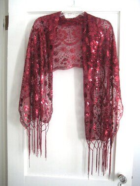 CRANBERRY RED SEQUINS ON LACY SIMONETTA SCARF 20" X 60" w/8" FRINGE